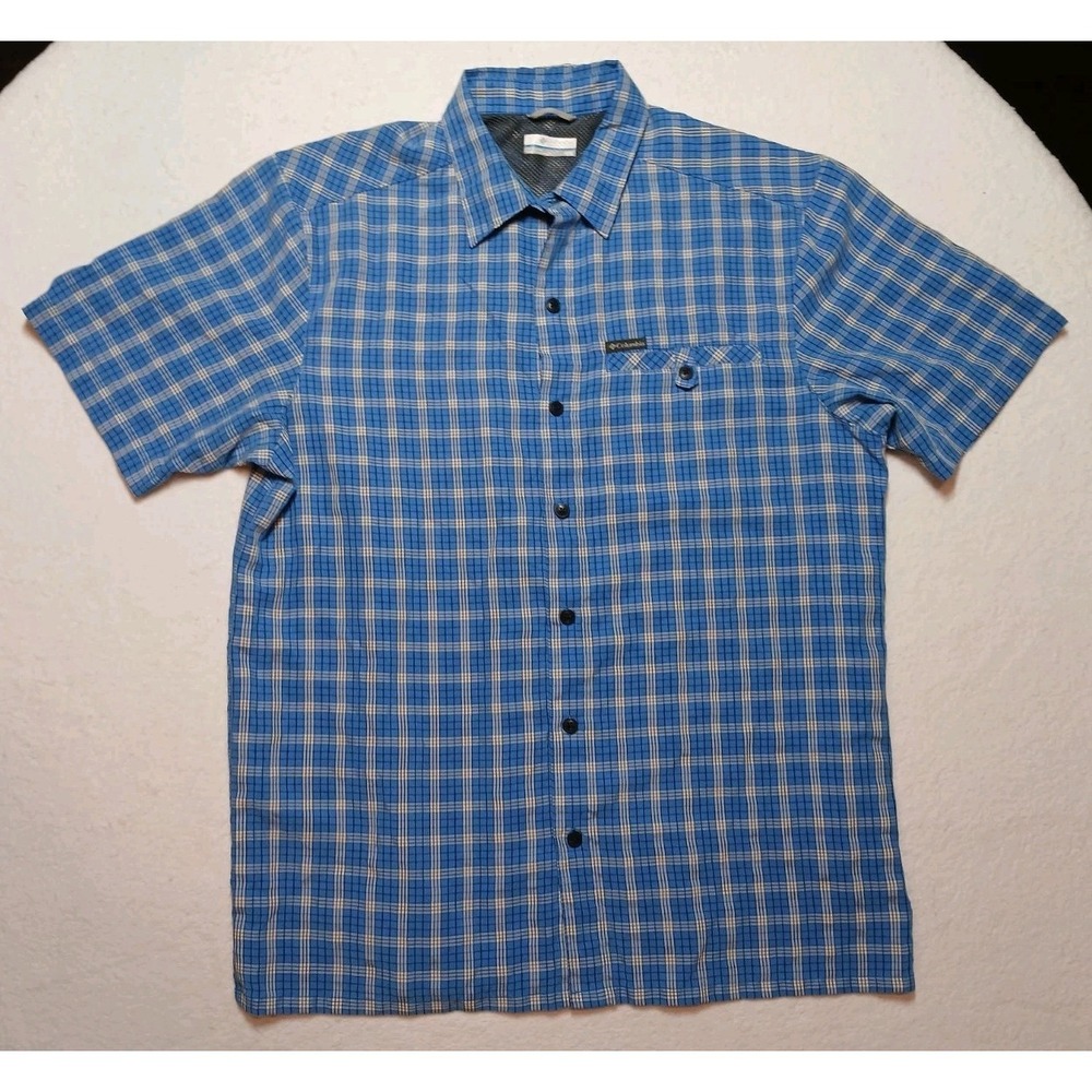 Columbia Declination Shirt Medium Button Up Outdoor Short Sleeve Blue Plaid